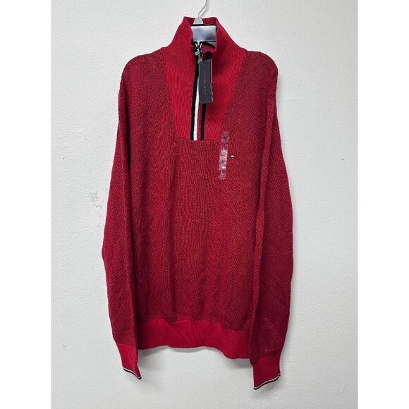 Tommy Hilfiger Men's Manhattan Quarter Zip Sweater - Red L - Picture 2 of 5